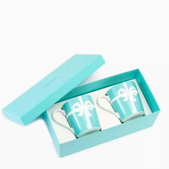 TIFFANY & CO. Bow Ribbon Bone China Blue Mug Cup 2pcs Set in Gift Box from Japan - Picture 5 of 8